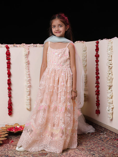 Girl's' Peach Embroidered Sequins Net Long Anarkali Dress With Dupatta
